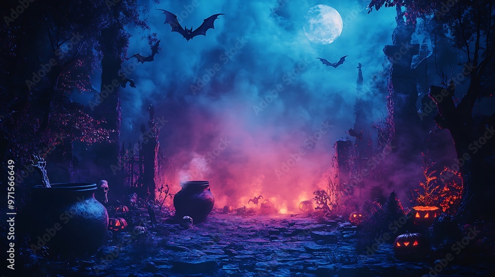Dark and eerie sale sign background with Halloween motifs like cauldrons, bats, and skeletons, leaving a large blank space for sale information or announcements Dark and eerie sale sign background with Halloween motifs like cauldrons, bats, and skeletons, leaving a large blank space for sale information or announcements