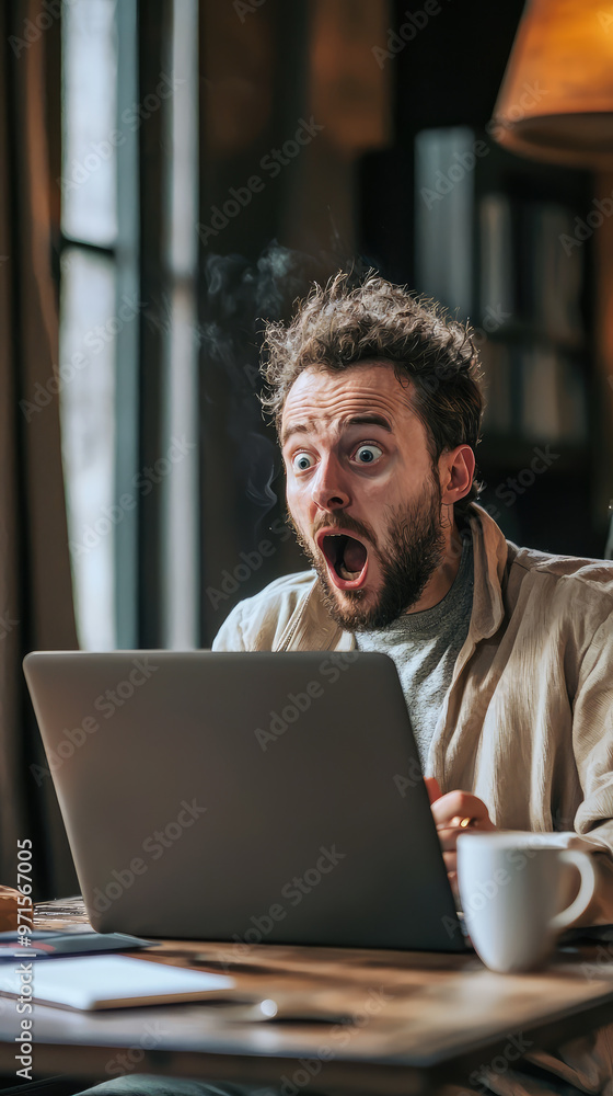 Shocked man with curly hair reacting to laptop screen Shocked man with curly hair reacting to laptop screen
