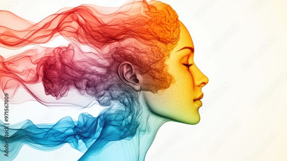 Layered Faces of Growth: Multiple translucent human faces layered on top of each other, each with different expressions and colors Layered Faces of Growth: Multiple translucent human faces layered on top of each other, each with different expressions and colors