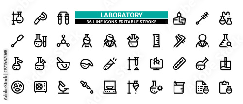 36 Laboratory Line Icons Set Pack Editable Stroke Vector Illustration.
