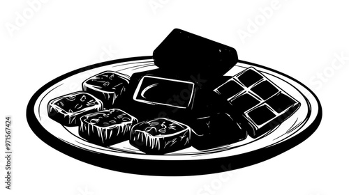 Assortment of chocolate pieces with various fillings on a simple plate, vector illustration art