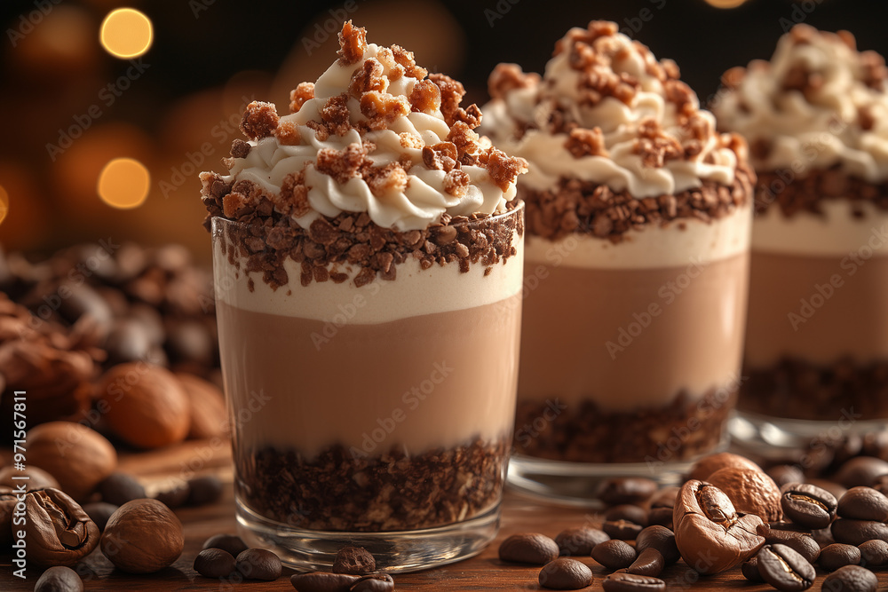 a close-up of a latte macchiato with whipped cream a close-up of a latte macchiato with whipped cream