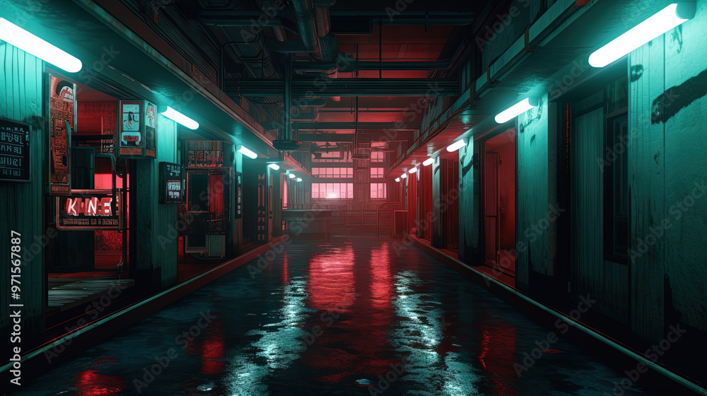Fototapeta premium Cyberpunk street with glowing neon ads in sci-fi city. Futuristic cyberpunk street in the neighborhood