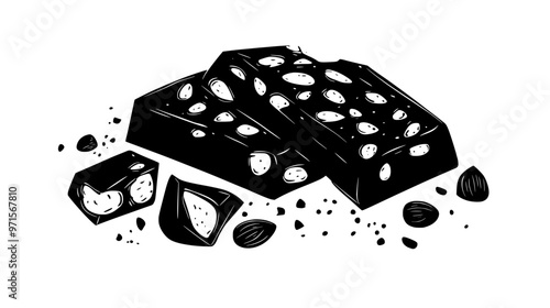 Block of hard nougat segmented into pieces, revealing solid texture and scattered nuts, vector illustration art