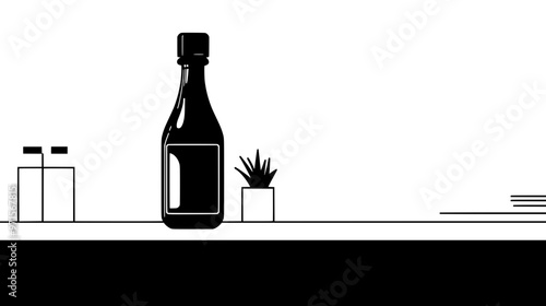 Bottle of chocolate sauce with screw cap, positioned on kitchen counter, vector illustration art
