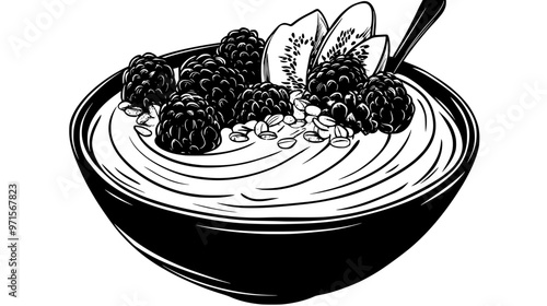 Bowl with creamy swirl topped with fruit and granola, vector illustration art