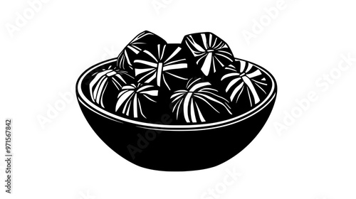 Bowl filled with individually wrapped butterscotch candies on a wooden table, vector illustration art