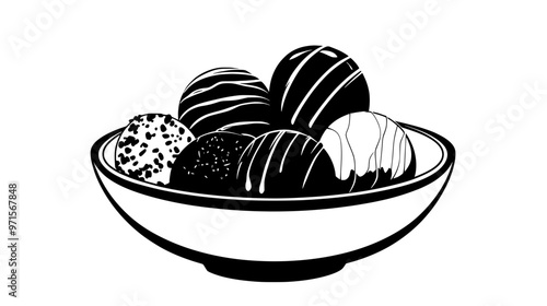 Bowl filled with mixed chocolate truffles, emphasizing range of fillings, vector illustration art