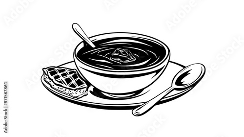 A bowl of caramel sauce with a spoon, set beside a plate of pastries, vector illustration art