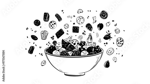 A bowl with a mix of different edible decorations, scattered over a kitchen counter, vector illustration art