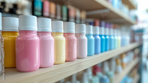 Colorful paint bottles arranged on a wooden shelf in a studio.