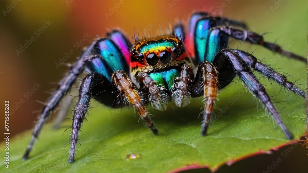 Fototapeta premium A close-up of a colorful spider perched on a green leaf, showcasing its vibrant features.
