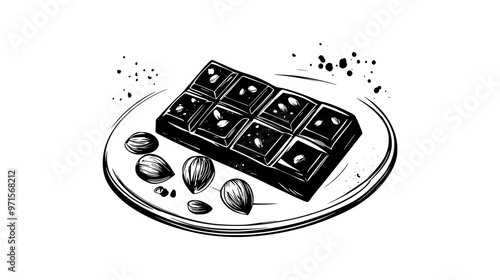 Chocolate bar with nuts scattered on a white plate, vector illustration art