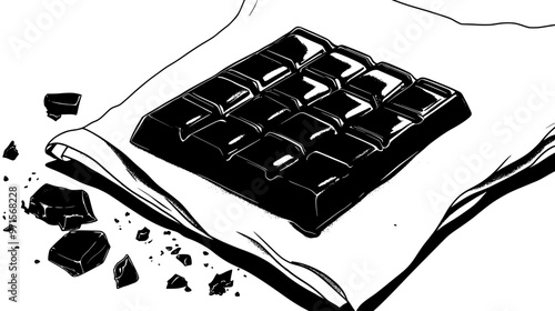 Chocolate bar on a cloth napkin with crumbs nearby, vector illustration art