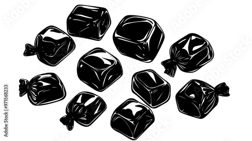 Caramel-filled candies grouped together, some slightly overlapping, vector illustration art