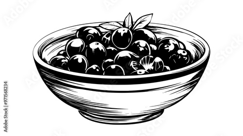 A ceramic dish filled with fruit compote, set on a wooden dining table, vector illustration art