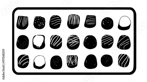 Artisanal chocolates placed in neat rows on a flat tray, vector illustration art
