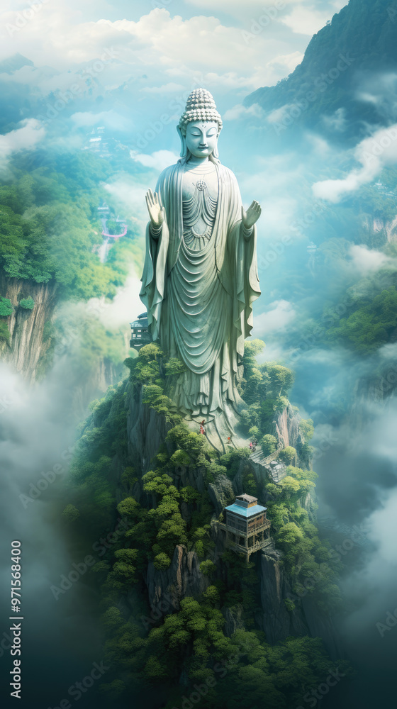 Fototapeta premium generated illustration of buddha sculpture in a mountain.