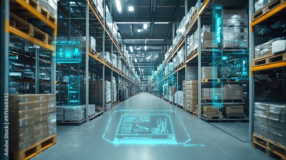 An empty warehouse aisle with digital overlays and blue neon light. An empty warehouse aisle with digital overlays and blue neon light.