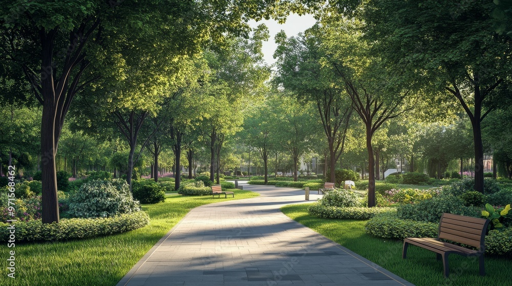 A Tranquil Walkway Through the Green Canopy, 3D Rendering, Lush Foliage, Park Path, Sunlit, Peaceful, Nature A Tranquil Walkway Through the Green Canopy, 3D Rendering, Lush Foliage, Park Path, Sunlit, Peaceful, Nature