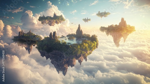 A Symphony of Floating Islands in a Dreamlike Sky, Digital Art, Fantasy Landscape, Clouds, Sky, Fantasy, Islands photo