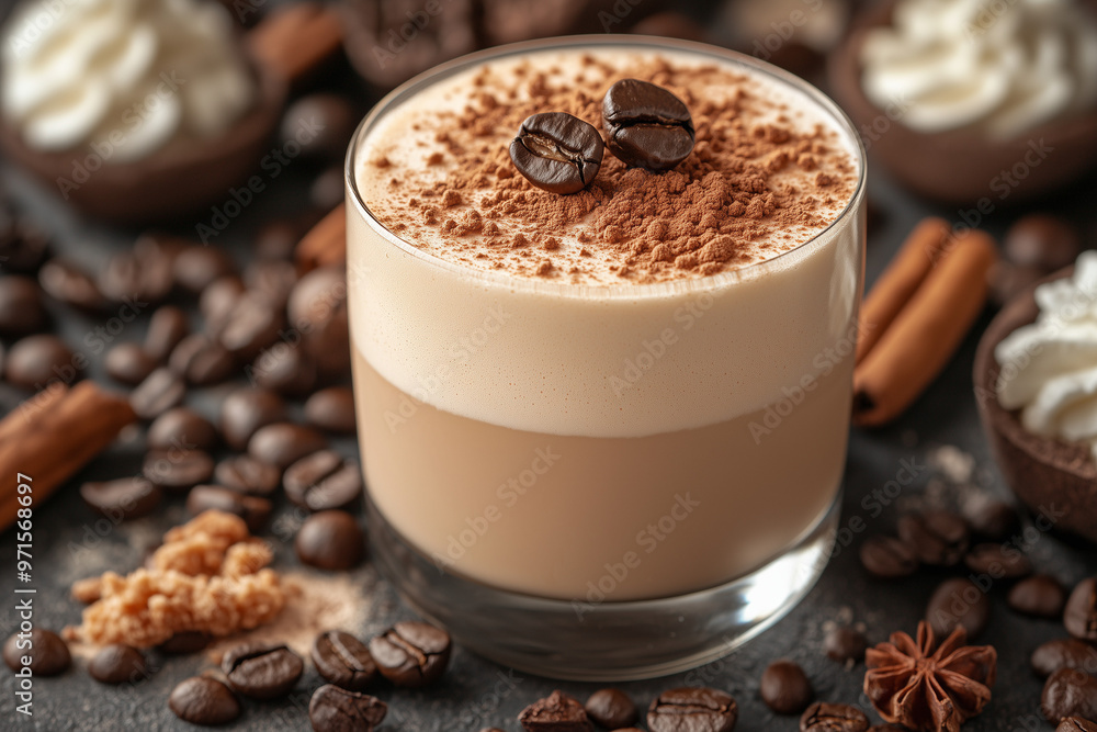 a close-up of a latte macchiato with whipped cream a close-up of a latte macchiato with whipped cream