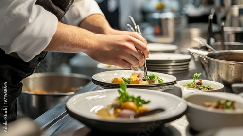 Chef's Hand Arranging a Plate of Food, Close Up, White and Black Clothing, Silverware, Restaurant Kitchen, Food, Fine Dining