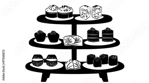 Collection of Asian sweets arranged on a multi-tiered serving stand, vector illustration art