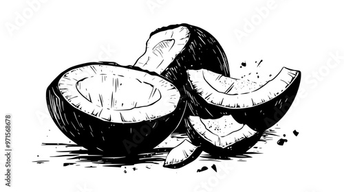 Coconut pieces, lightly toasted or raw, used to add texture and flavor to desserts, vector illustration art