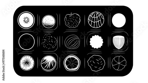 Collection of chocolates with fruit and nut fillings on a tray, vector illustration art