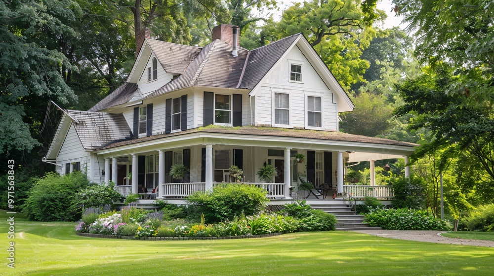 White Victorian House with Wrap Around Porch on a Green Lawn White Victorian House with Wrap Around Porch on a Green Lawn
