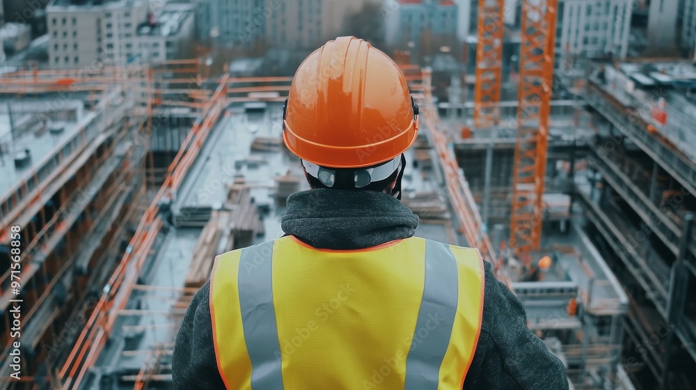 Construction Worker Looking Out at the City, Rear View, Orange Hard Hat, Yellow Safety Vest, Construction Site , city , construction Construction Worker Looking Out at the City, Rear View, Orange Hard Hat, Yellow Safety Vest, Construction Site , city , construction