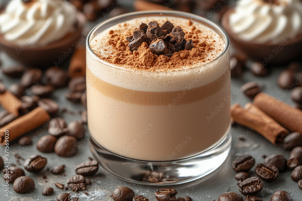 a close-up of a latte macchiato with whipped cream a close-up of a latte macchiato with whipped cream