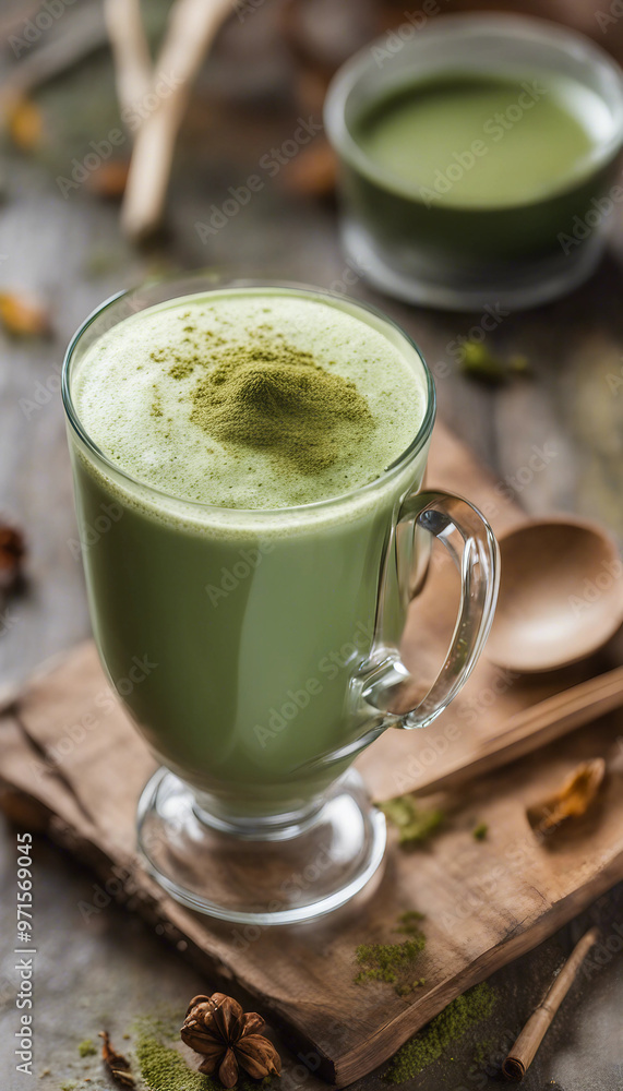 a clear glass mug filled with a frothy green matcha latte, sprinkled with matcha powder on top, placed on a wooden board. In the background, there is another cup of matcha and some scattered spices. a clear glass mug filled with a frothy green matcha latte, sprinkled with matcha powder on top, placed on a wooden board. In the background, there is another cup of matcha and some scattered spices.