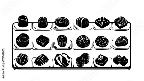 Handmade chocolates displayed on a tray with distinct shapes, vector illustration art