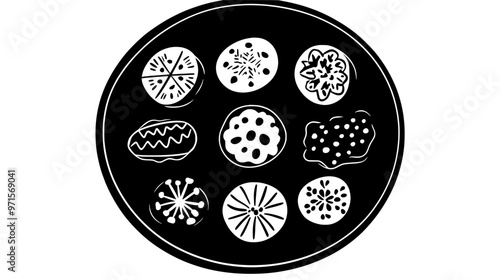 Cookies decorated with festive patterns displayed on a serving plate, ready for distribution, vector illustration art