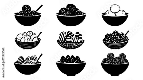 Holiday-themed candies in small bowls, prepared for sharing, vector illustration art