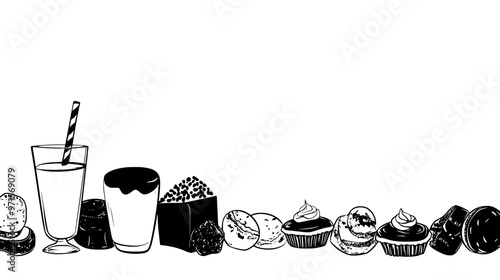 A countertop with a variety of low-sugar sweets arranged in a line near a glass of milk, vector illustration art