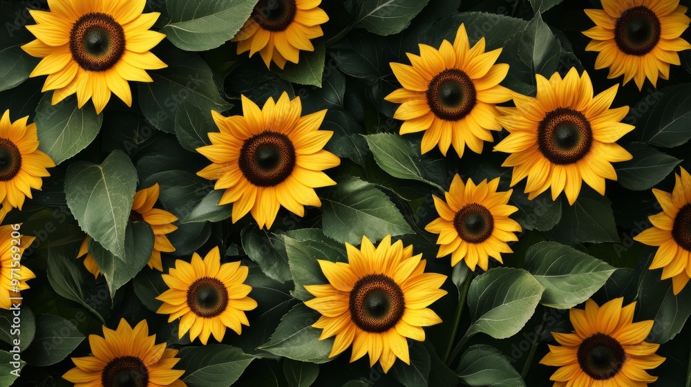 Floral pattern with bright sunflowers and dark green leaves generative ai Floral pattern with bright sunflowers and dark green leaves generative ai