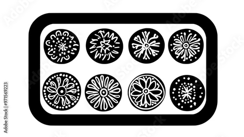 Decorated cookies symmetrically arranged on a clean tray, spaced evenly, vector illustration art