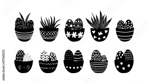 Decorative containers filled with egg-shaped sweets, organized for an Easter egg hunt, vector illustration art