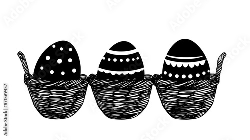 Egg-shaped candy nestled in decorative baskets for an Easter party, vector illustration art