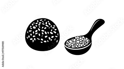 Filled truffle next to a small spoon of finely chopped nuts for decoration, vector illustration art