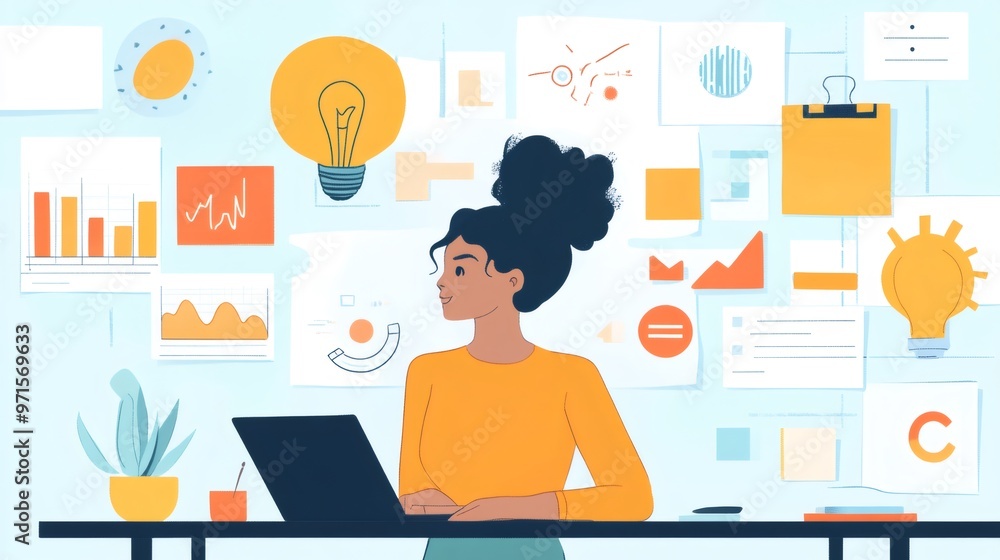 Woman sitting at desk with laptop, working on project with notes and graphs. Woman sitting at desk with laptop, working on project with notes and graphs.