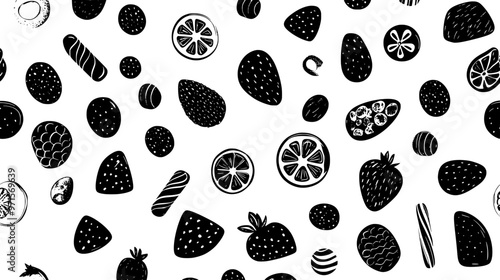 Fruit-filled candies scattered across a plain background, spaced closely together, vector illustration art