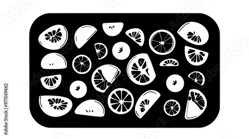 Fruit chips spread out in a thin, even layer across a rectangular baking sheet, vector illustration art