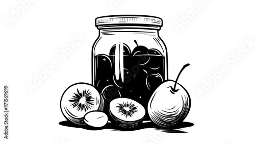 A glass jar filled with fruit compote, showcasing visible fruit chunks and syrup, vector illustration art