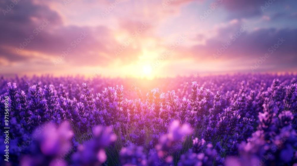 Obraz premium Lavender Field Sunset, Close-Up Perspective, Purple Flowers, Golden Light, Lavender Field, Sunset, Nature