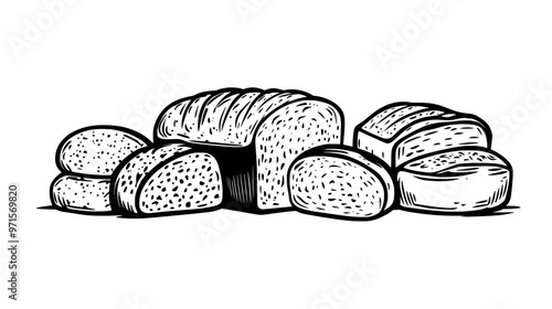 Group of bread loaves arranged side by side on a neutral, flat surface, vector illustration art