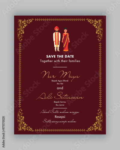 Indian style invitation card with groom & bride, golden border for invitation vector